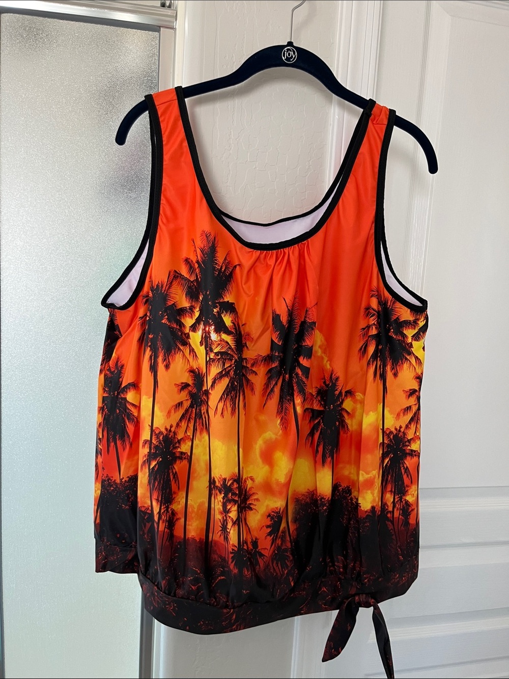 Women’s Swim Suit with Orange Sunset Palm Top and Black Bottoms - 2-Piece - Picture 3 of 9